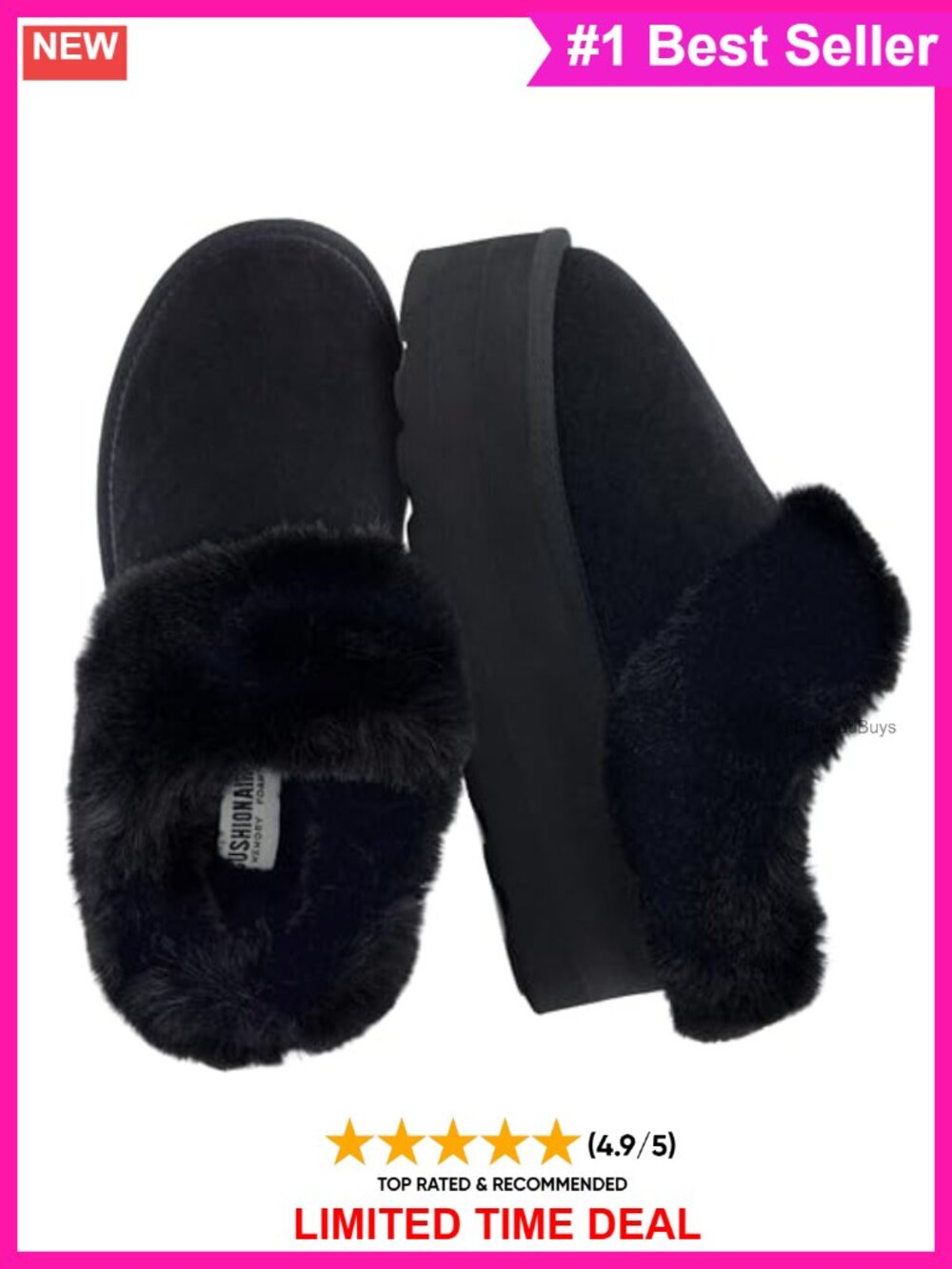 Genuine Suede Platform Slippers with Fuzzy Faux Fur Lining and Memory Foam